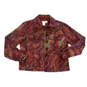 Coldwater Creek Womens Denim Jacket Sz XS Red Paisley Beads Western Boho Fall